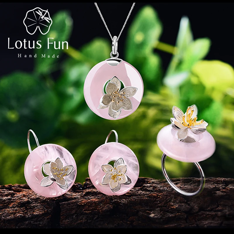 Lotus Fun Настоящее серебро 925 проба ювелирные изделия ручной работы шелест лотоса комплект ювелирных изделий с Кольцо Подвеска Ожерелье Висячие Серьги