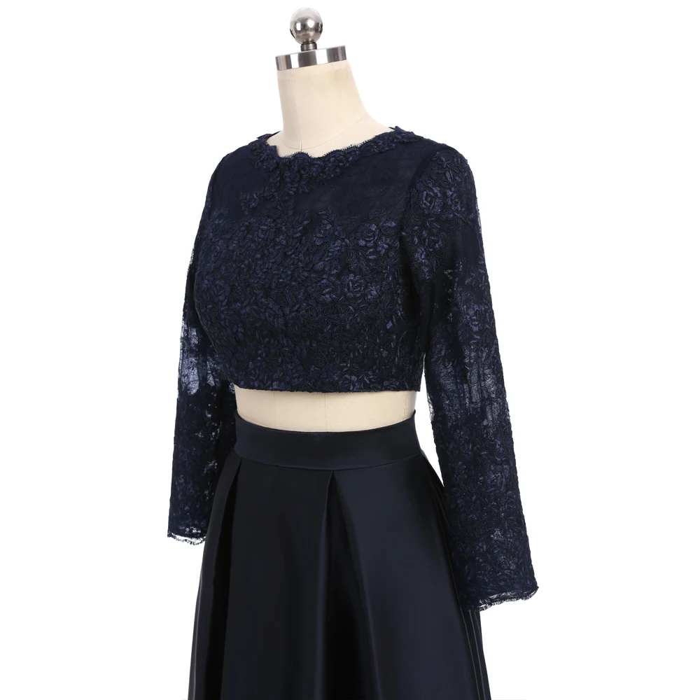 

Navy Blue Prom Dresses A-line Long Sleeves Appliques Lace Two Pieces Sexy Long Prom Gown Evening Dresses Evening Gown