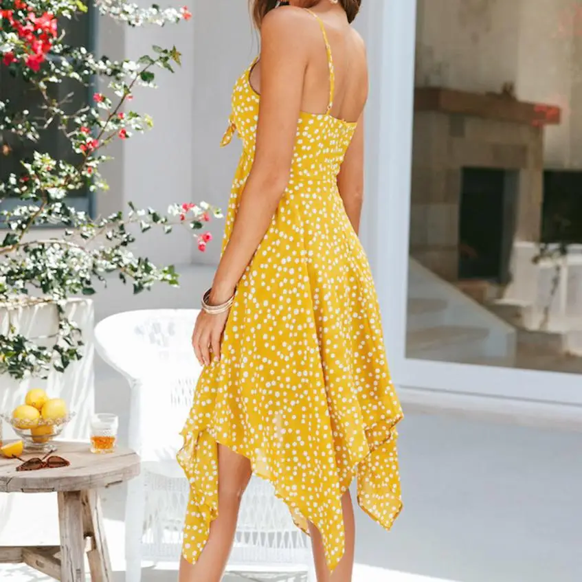 

High Quality Hot Summer Dress Women Boho Backless Dot Printing Off Shoulder Sleeveless Beach Dress New Arrival Robe de dames 50*