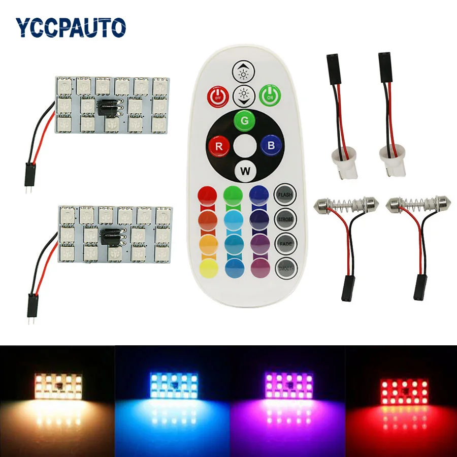 

T10 Festoon Dome RGB светодиодный автомобильный светильник для чтения и чтения, лампа 31/36/39/41 мм, пульт дистанционного управления, стробоскоп, 16 цвето...