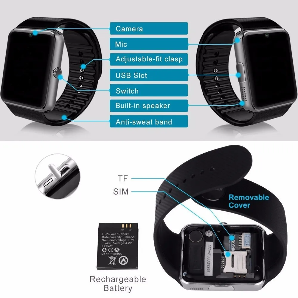 Новые смарт-часы Bluetooth GT08 с sim-картой TF камера спортивный фитнес-трекер WirstWatch для