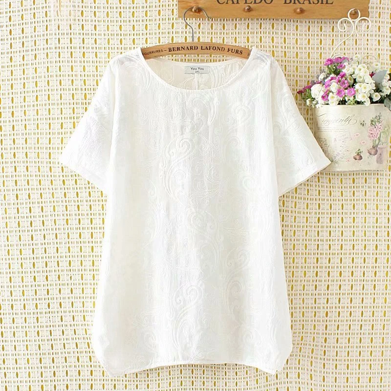 

Plus size 4XL Women Solid White Tshirt Short Sleeve O-Neck Summer T Shirt Floral Embroidery Tops
