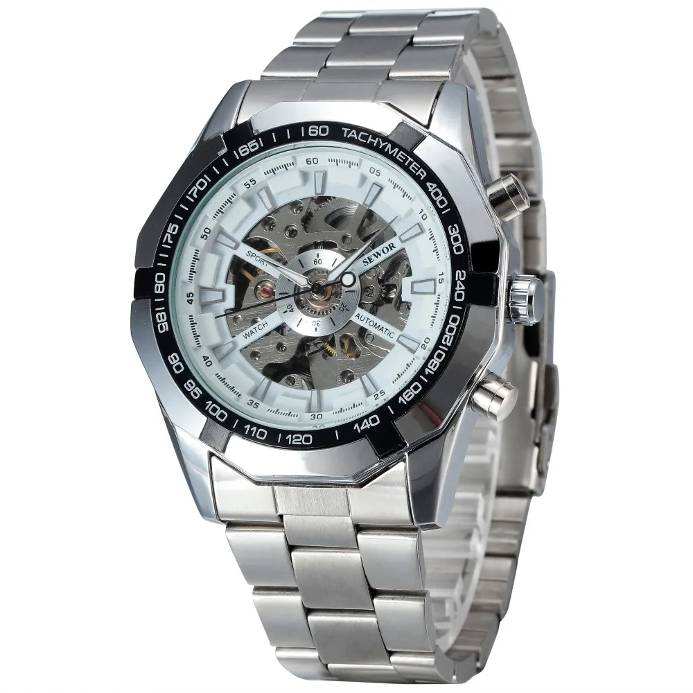 SEWOR спортивные дизайнерские механические часы с скелетом мужские из нержавеющей