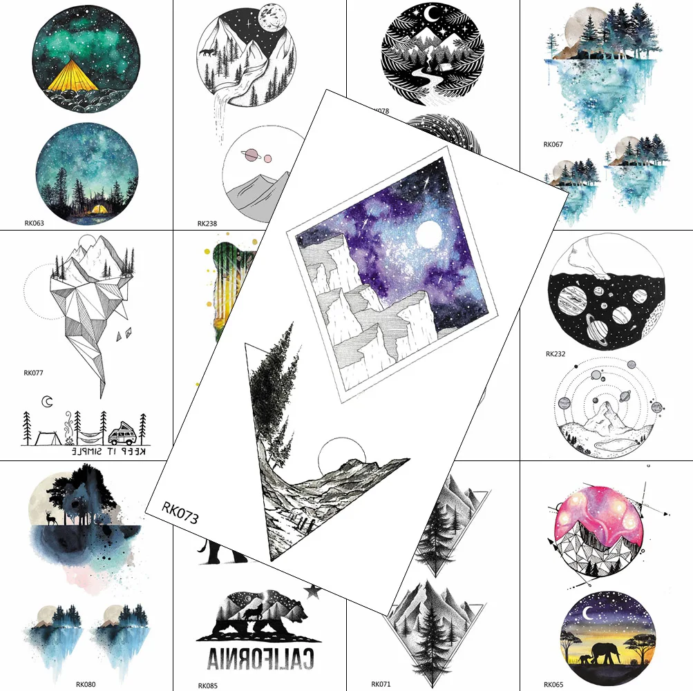

Geometric Planets Mountain Fake Temporary Tattoos Forest Sticker Realistic Waterproof Tattoo For Men Body Art Arm Tatoos Paper
