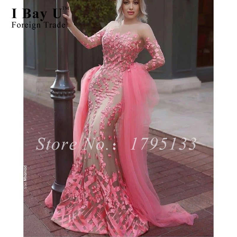 

Arabic Pink Mermaid Evening Dress With Train Lace Long Prom Dresses Vestidos Elegantes Gorgeous Long Sleeves Evening Dresses