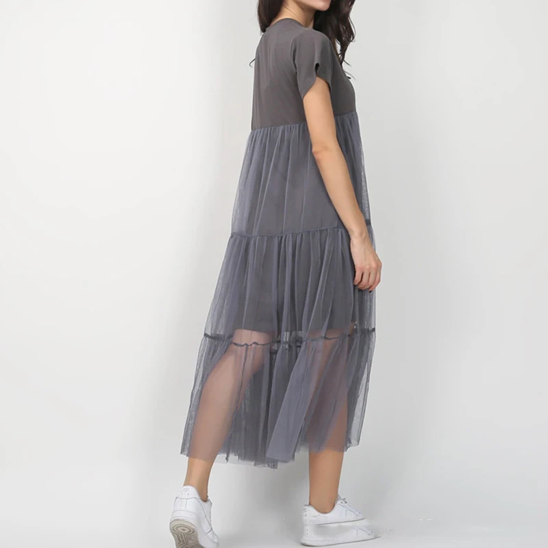 Korea 2018 Summer Women Mesh Patchwork Loose Casual Mid-calf Dress Female Vestido | Женская одежда