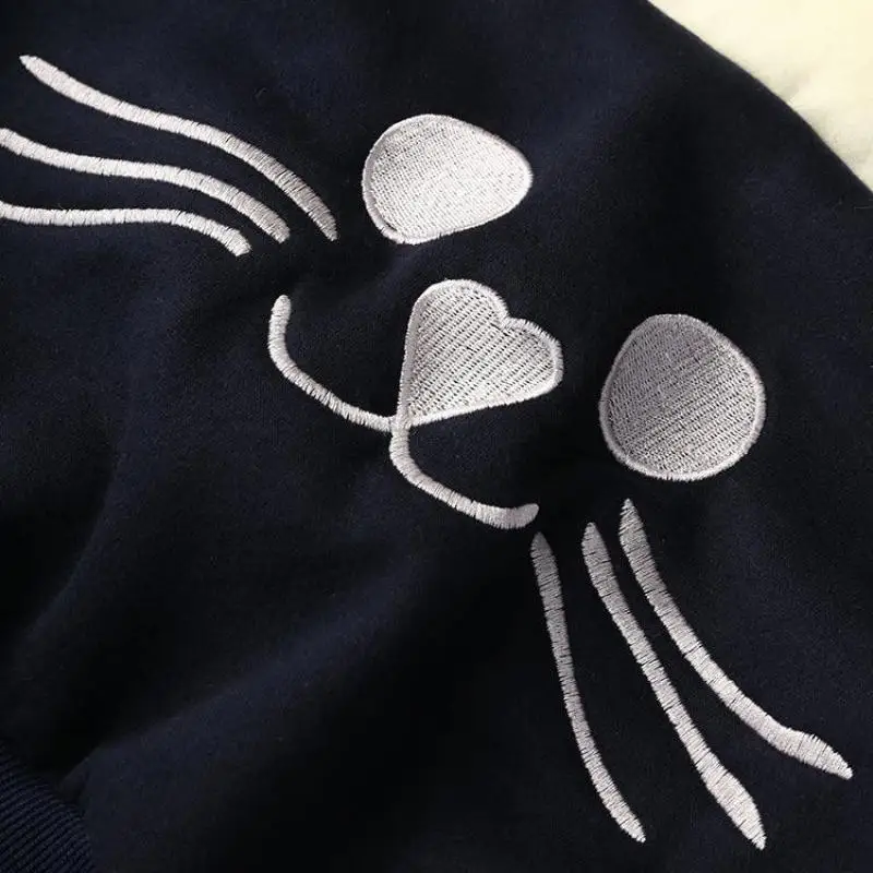 European 2018 Winter Fashion Loose Cat Embroidery Color Matching Long-sleeved Hoodie Pullover Hooded Harajuku Sweatshirt Women | Женская