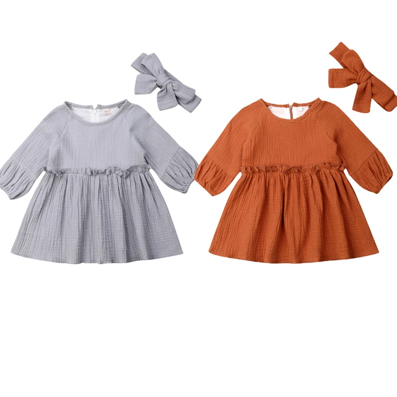 2019 New Cute Infant Kids Baby Girls Dress Headband 2pcs Puff Sleeve Solid Knee Length A-Line | Детская одежда и обувь