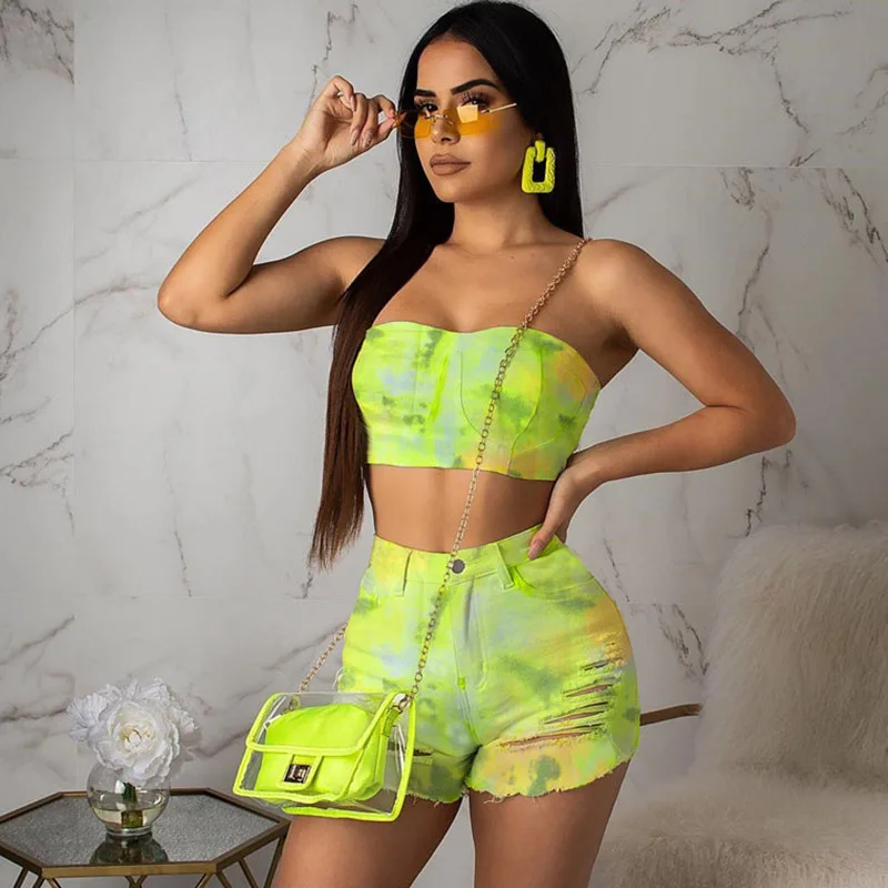 Клубная одежда джинсовый комплект из двух предметов Женский Сексуальный Топ без