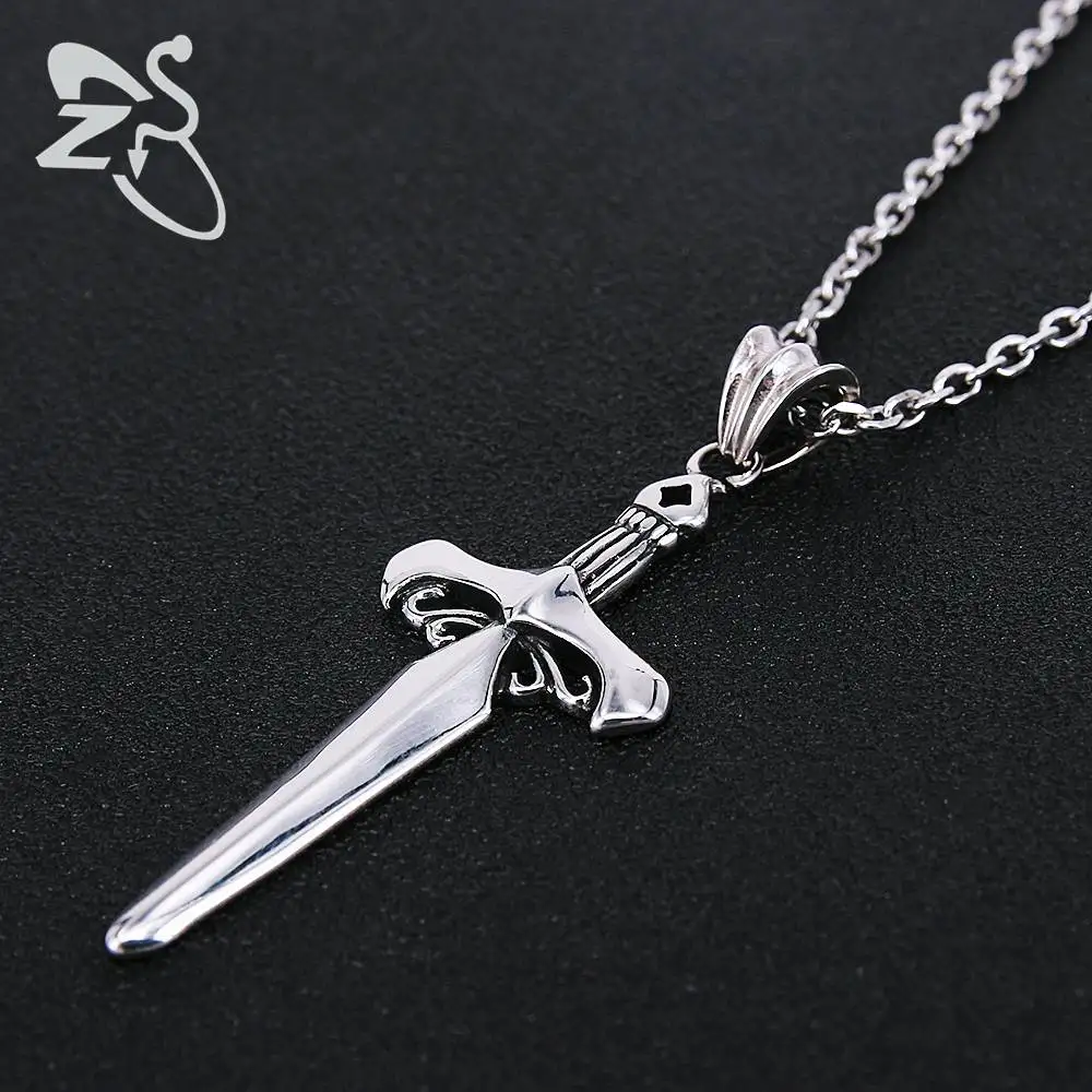 ZS 1 PC Cross Sword Necklace Punk Style Long Pendant Vintage Chains Stainless Steel Choker Weapon Totem Amulet Brave Men Jewelry | Украшения