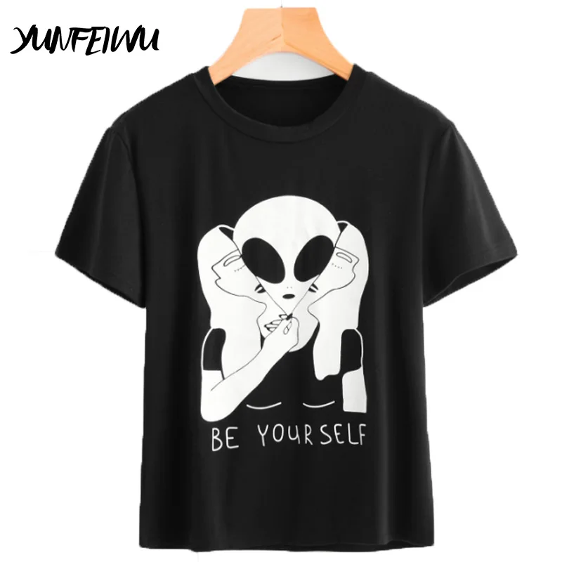 Женская мода Be Yourself Alien t shirt топы новинки женские черные футболки с коротким