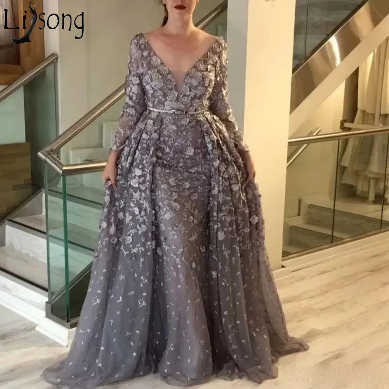 Одежда высшего качества Grey Длинные платья выпускного вечера Overskirts Кружева Тюль 3D аппликация праздничная одежда V-образным вырезом одежда с длинным рукавом; вечернее платье