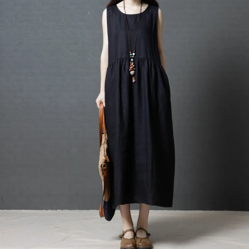 

Women Round Neck Vintage Ethnic Party Long Maxi Dress Sleeveless Sundress