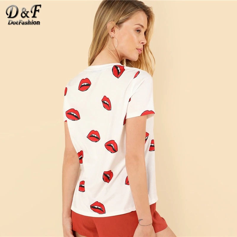 Dotfashion белая повторяющаяся Красная футболка с принтом губ для женщин модная одежда Топы Повседневная летняя футболка с коротким рукавом и круглым вырезом