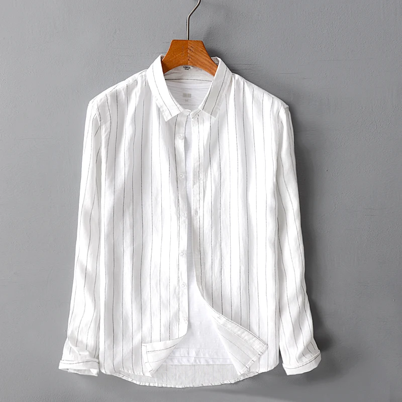 

100% Linen New men's striped long-sleeved shirt casual trend white flax shirt men stripes fashion spring shirts male chemise