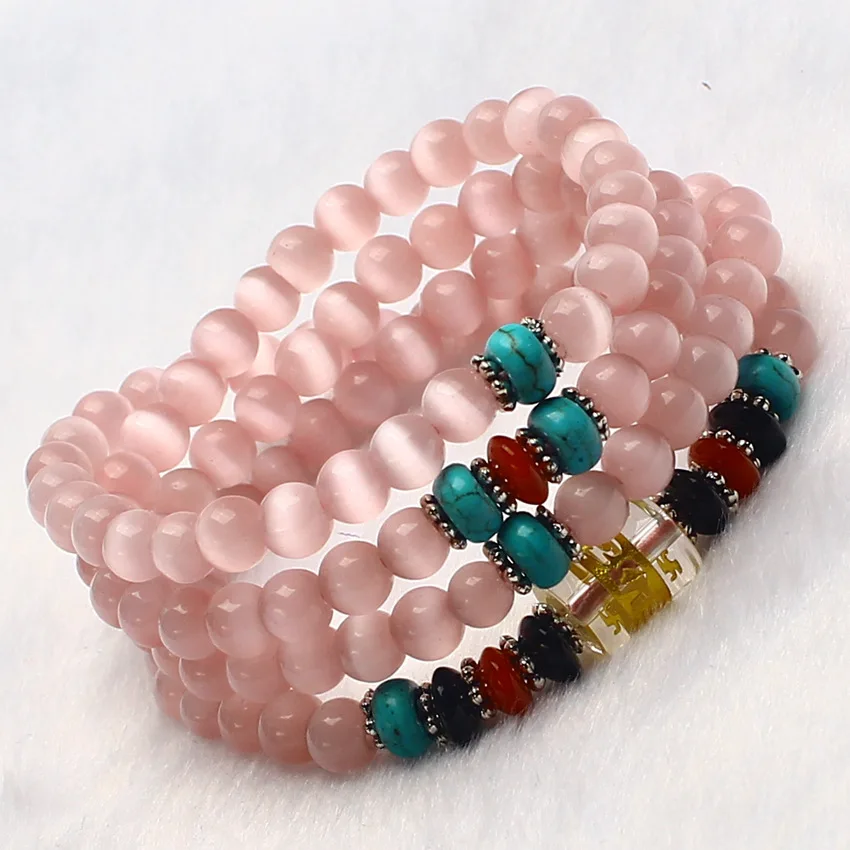 

Wholesale 6mm 108 Bead Natural Pink Cat Eye Crystal Round Charms Lucky Gift Bracelets Bangles for Women Crystal Jewelry
