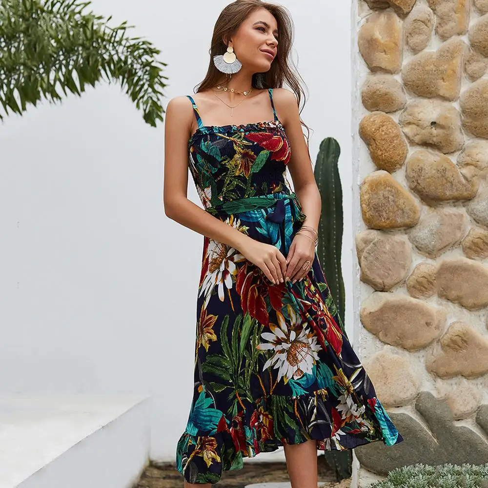 Women Boho dress Floral Sling Ruffled Fashion New Retro Sexy Long elegant Dress hot sale this Summer new arrival | Женская одежда