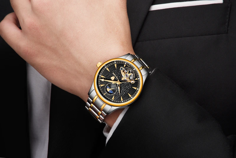 Tevise Топ бренд Moon Phase автоматические механические часы для мужчин s Tourbillon Скелет часы для мужчин нержавеющая сталь 24 часа часы T808B