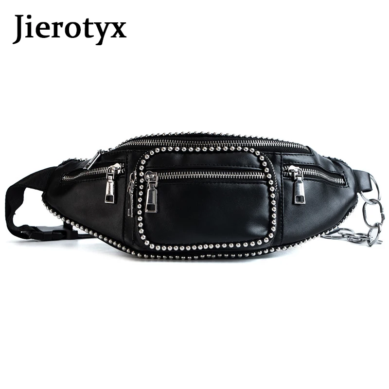Женская Кожаная поясная сумка JIEROTYX черная с заклепками в готическом стиле