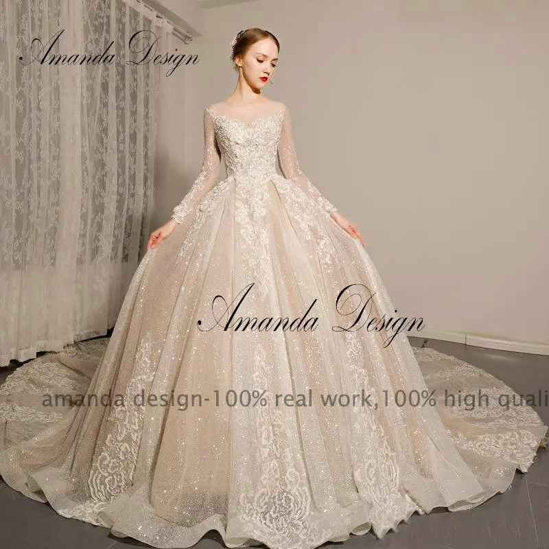 Аманда дизайн vestidos largos de fiesta elegante с длинным рукавом Кружева аппликация популярное свадебное платье