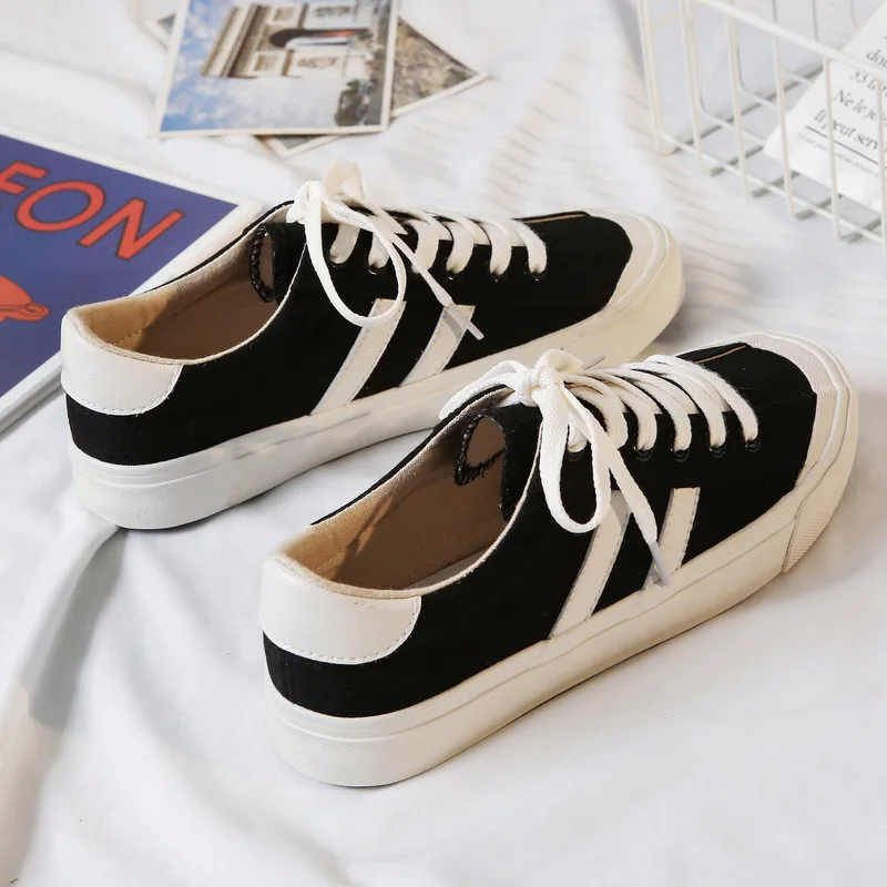 Весенняя парусиновая обувь женская повседневная в стиле Харадзюку черная