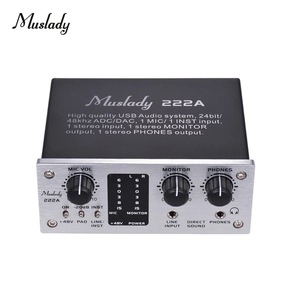 Muslady 222A 2-х канальный USB аудио Системы Интерфейс внешняя звуковая карта + 48V phantom