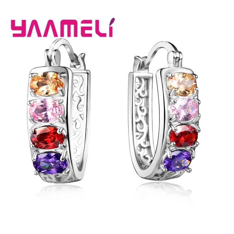 

Hot Sale Fine 925 Sterling Silver Hoop Circle Earrings For Women Girl Austria Crystal White Colorful Zircon Brincos Wedding Gift