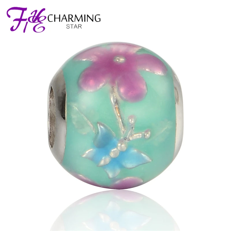 5 шт./лот 925 Серебряный Шарм Эмали Цветок Бабочка Бисера Подходят Европейские