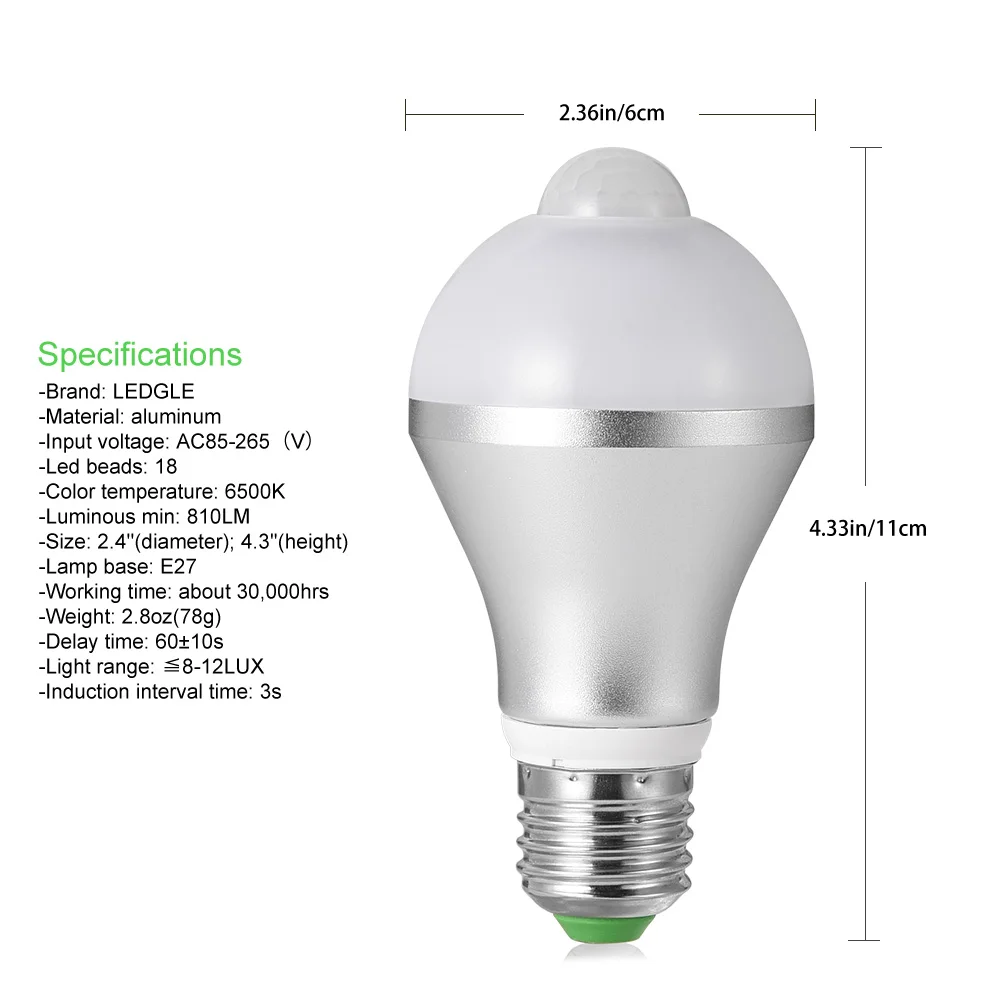 LEDGLE 9W E26/E27 18 Светодиодная лампа с датчиком движения|light bulb|with motion sensorbulb pir |