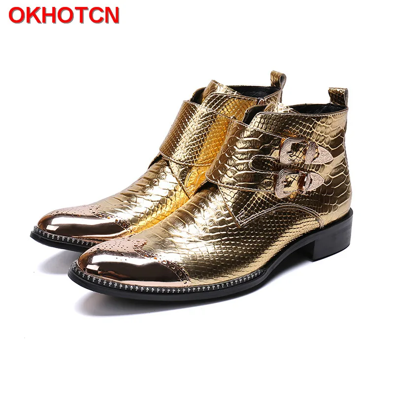 

Patent Leather Winter Boots For Men Gold Steel Toe Western Boots Cowboy Boots Men Buckle Straps Work Shoes Safety Hot On Sale