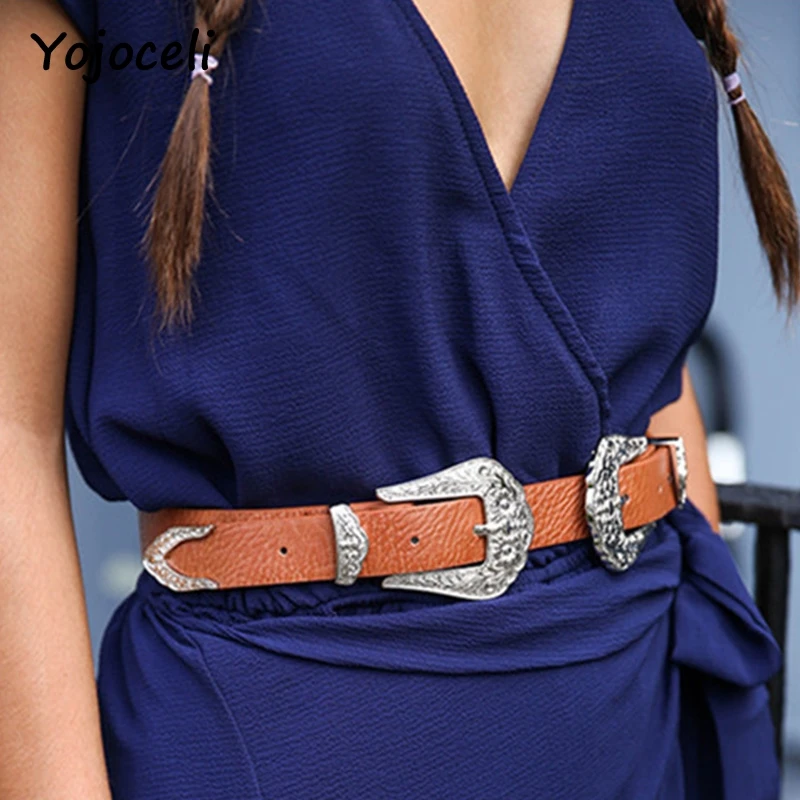 Женский ремень из искусственной кожи Yojoceli винтажный пояс с двойной пряжкой в