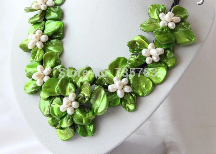 HOT 0015160 classic white baroque freshwater pearl green shell flower leather necklace | Украшения и аксессуары