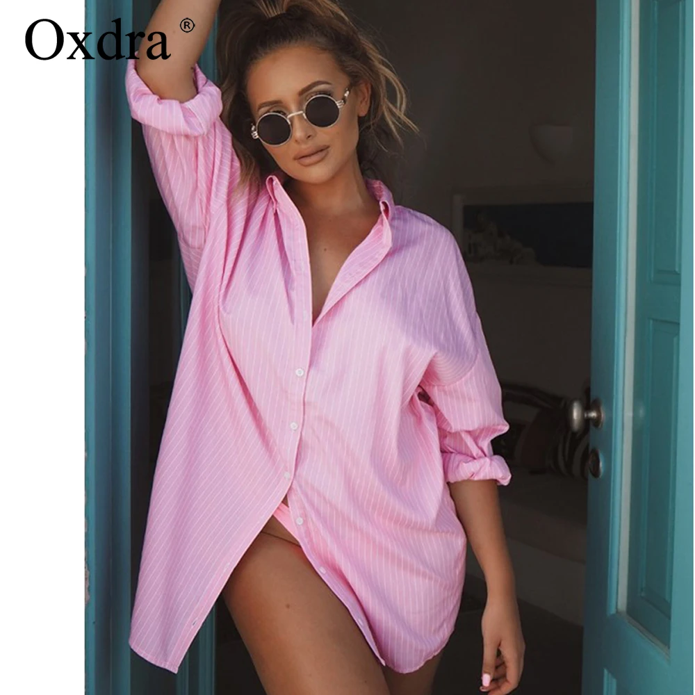 Oxdra 2019 весна лето новые женские Модные Полосатые блузки с длинными рукавами