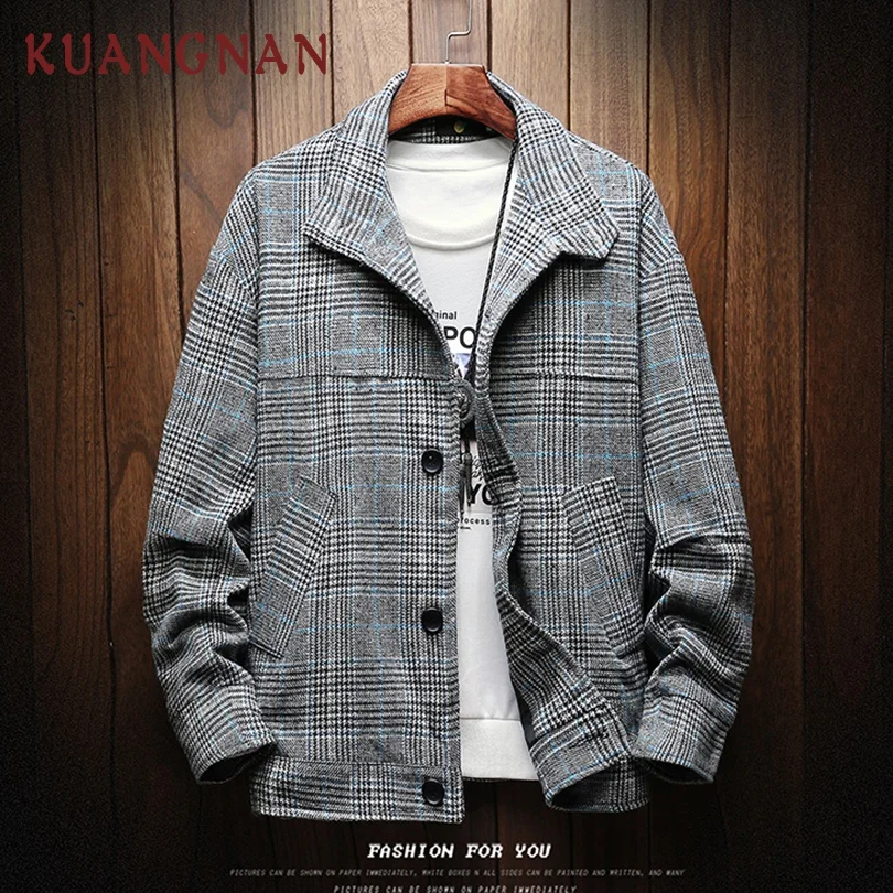 KUANGNAN Woolen Plaid Jacket Men Streetwear Bomber Coat Windbreaker Clothes Hip Hop 2019 New | Мужская одежда