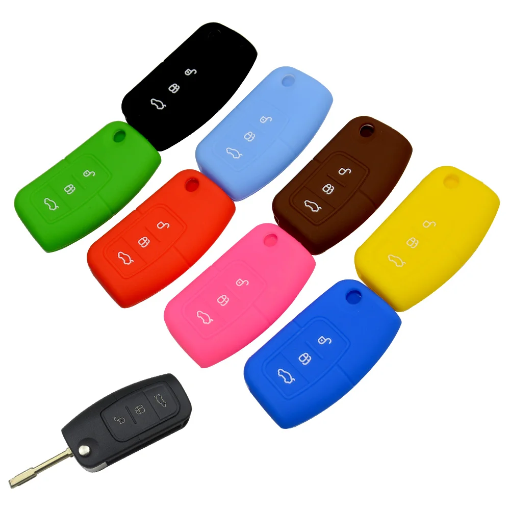 

OkeyTech Silicone Rubber Car Key Case For Ford Mondeo Focus Fiesta Remote Flip Key Cover Protector Holder Shell 3 Buttons