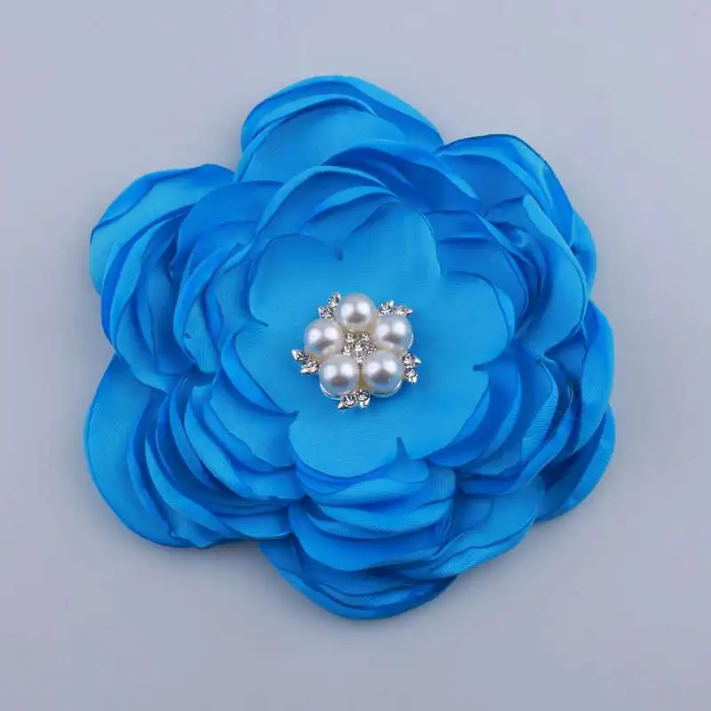 Blue 10 шт., 9,2 см, новинка, атласные цветы, стразы, жемчуг, аксессуары для волос, шифоновые цветы для повязки на голову - Цвет: Blue