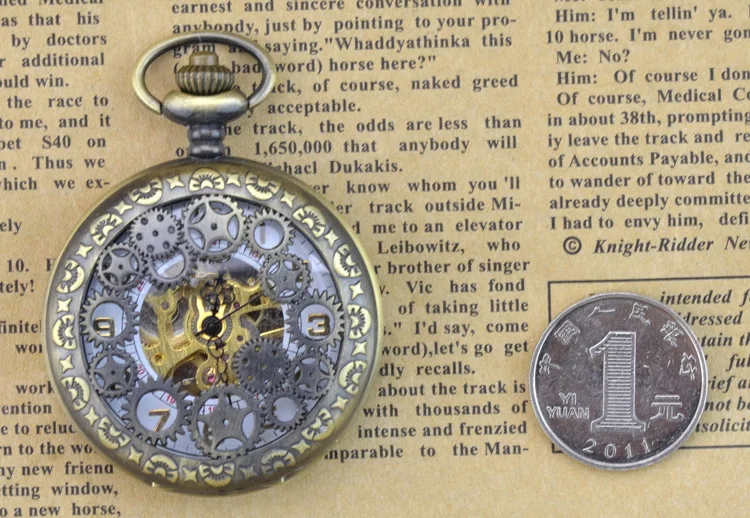Brown Antique Gear Skeleton Mechanical Hand Wind Pocket Fob Watches Clamshell Men's Watch Pendant Necklace Retro Souvenir Gift | Наручные