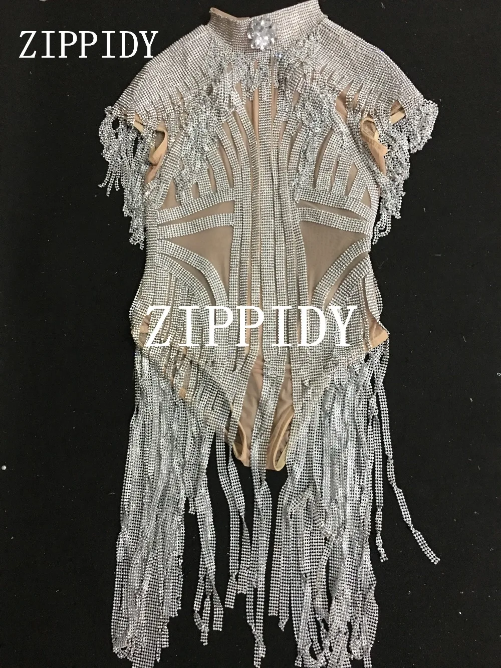 Bling Silver Rhinestones Fringes Bodysuit Birthday Celebrate Costume Female Singer Tassel Leotard Stage Dance Wear | Женская одежда