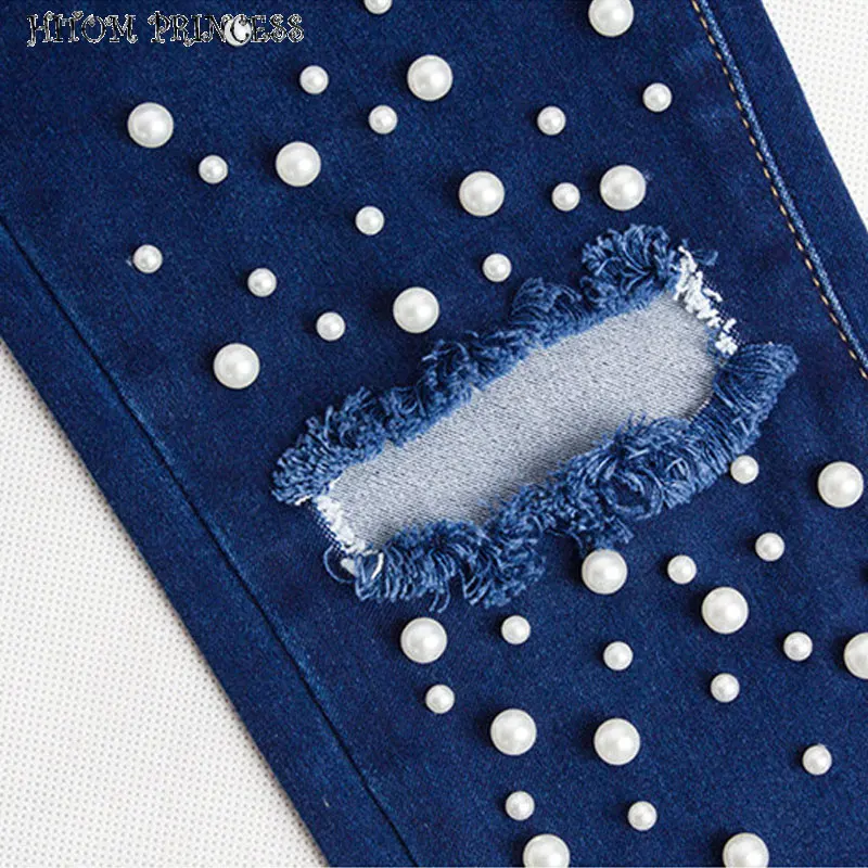 HITOM PRINCESS Streetwear Pearl Beaded Hole Ripped Denim Jeans Female Destroyed Skinny High Waist Women Pencil Pants Plus | Женская