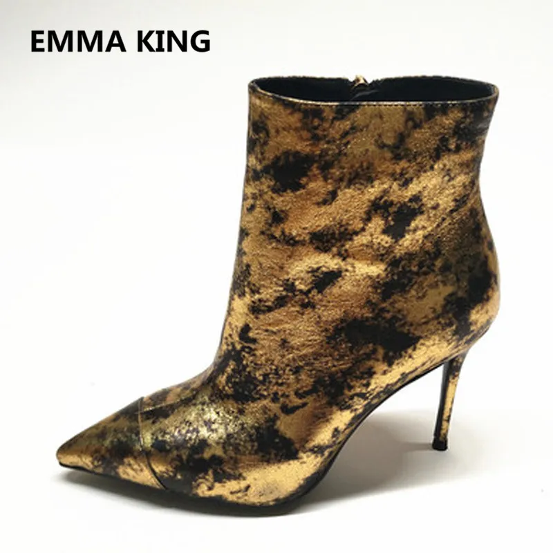 Женские ботильоны золотистого и металлического цвета в винтажном стиле с острым