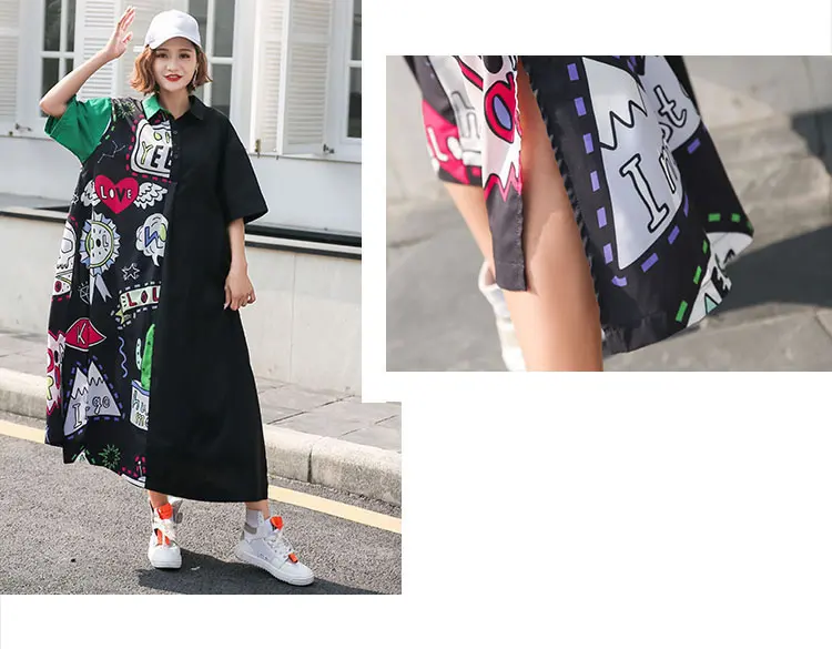 XITAO Plus Size Street Midi Dress Women Korea Fashion Turn Down Collar Patchwork Print Pattern Cardigans New WBB4449