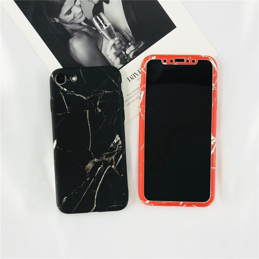 Fashion Red Marble Texture Cases For IPhone 6 6S 7 8 Plus 5 SE X Black 360 Degree Stone Full Protective Hard Capa |