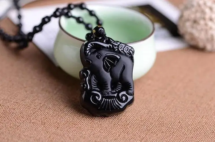 Новый натуральный черный обсидиан резной милый слон счастливые подвески