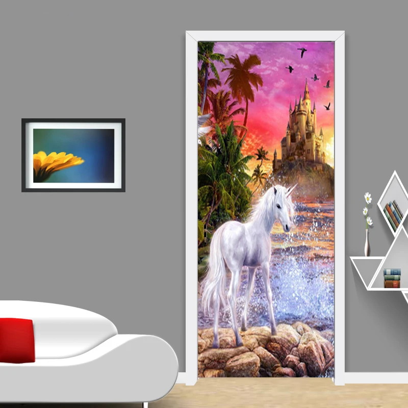 Фотообои 3D стерео замок Белая лошадь фрески детская спальня гостиная дверь