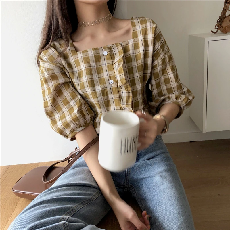 Square Collar Wooden Plaid Shirt Women's Shirts Harajuku Ulzzang Student Lady Kawaii Chic shirt For Women Casual |