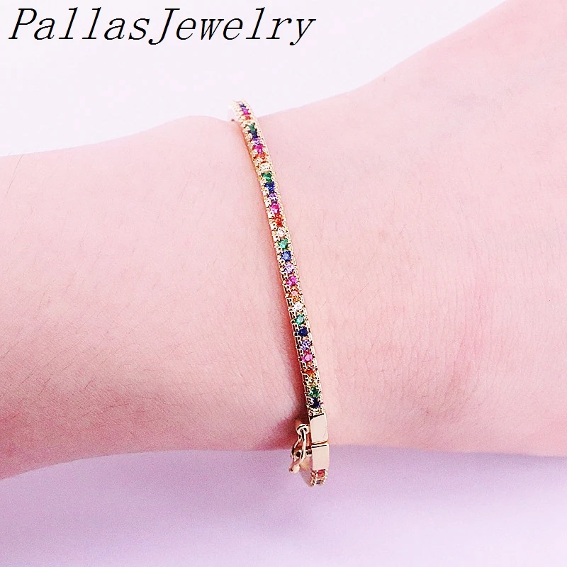 

5Pcs Rainbow Zirconia Micro Pave Bracelets Colorful CZ Gold/Silver Color Thin Jewelry Bangles For Women Girls