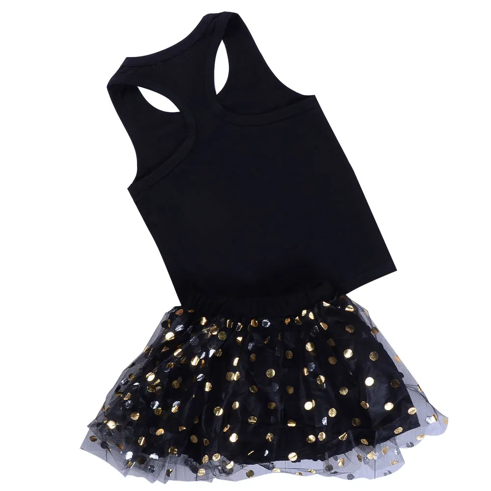 Baby Girls Clothing Suit Sleeveless Woke Up Print Black Tops Vest Ruched Ruffle Skirt 2pcs Bebe Clothes Sets | Мать и ребенок