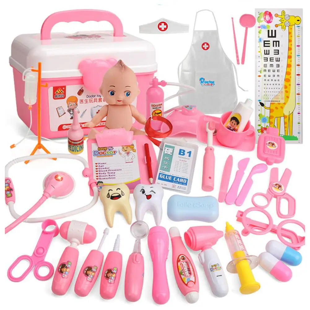Pink 37 шт./компл. детский игровой домик головоломка доктор игрушка, комплект, одежда для мальчиков и девочек, имитация доктор ролевые игры Доктор игра с ящик для хранения - Цвет: Pink