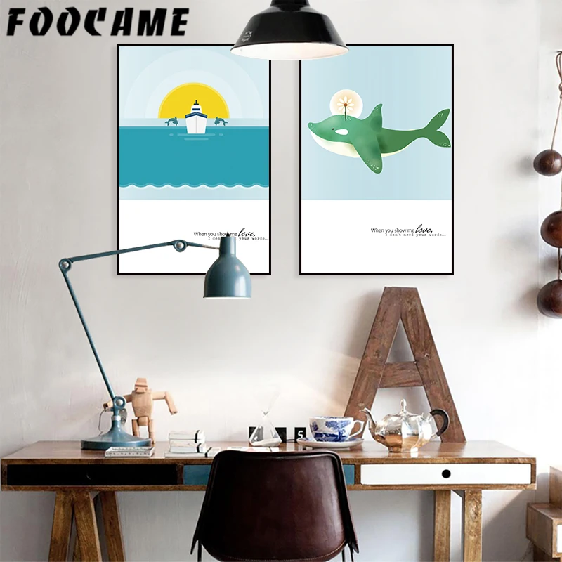 Солнце море корабль Кит мультфильм постеры и принты искусство холст живопись