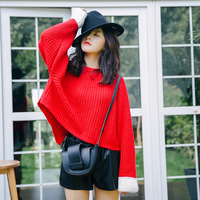 HziriP 2018 New Fashion Keep Warm Patchwork Women Sweater Knitted Red Lady Tops Pullovers O-Neck Vintage Soft Female Sweaters | Женская